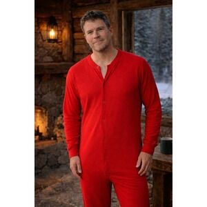 Vintage 70s Sears Red Mens One Piece Pajamas Jumpsuit Medium Union‎